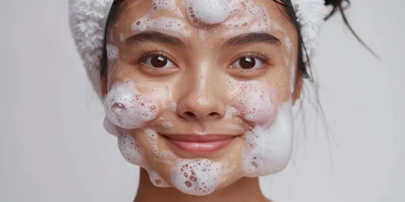 young woman washing her face with foam there is foam stuck face beautiful smile 1010720 27274 11zon